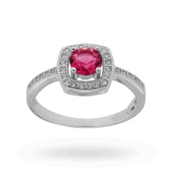 ANELLO SOLITARIO QUADRATO CON ZIRCONE TONDO ROSSO RUBINO MM 5 IN ARGENTO 925 RODIATO