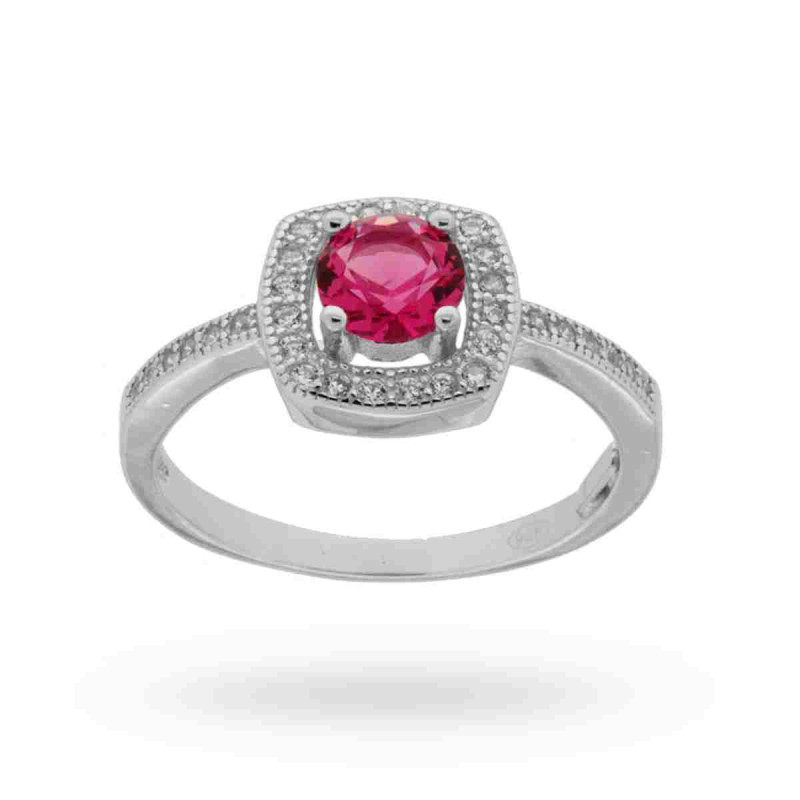 ANELLO SOLITARIO QUADRATO CON ZIRCONE TONDO ROSSO RUBINO MM 5 IN ARGENTO 925 RODIATO