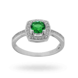 ANELLO SOLITARIO QUADRATO CON ZIRCONE TONDO VERDE SMERALDO MM 5 IN ARGENTO 925 RODIATO
