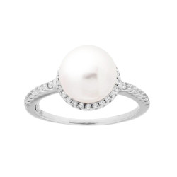 ANELLO CON PERLA BIANCA MM 9 E ZIRCONI BIANCHI IN ARGENTO 925 GALVANICA RODIO