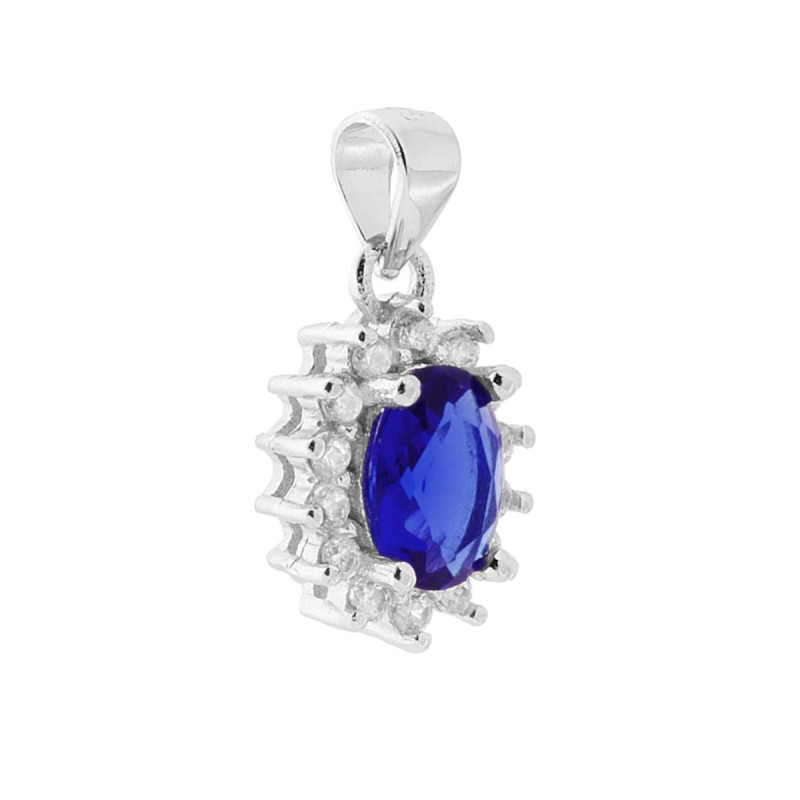 CIONDOLO CON ZIRCONE OVALE BLU ZAFFIRO CONTORNATO CON ZIRCONI BIANCHI IN ARGENTO 925 GALVANICA RODIO