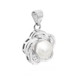 CIONDOLO FIORE CON PERLA DI FIUME E ZIRCONI BIANCHI IN ARGENTO 925 GALVANICA RODIO
