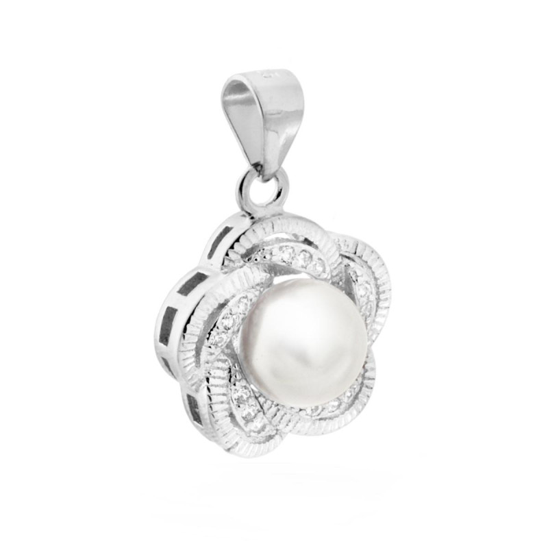 CIONDOLO FIORE CON PERLA DI FIUME E ZIRCONI BIANCHI IN ARGENTO 925 GALVANICA RODIO