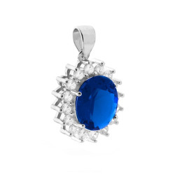 CIONDOLO CON ZIRCONE OVALE BLU ZAFFIRO CONTORNATO DA ZIRCONI BIANCHI IN ARGENTO 925 GALVANICA RODIO