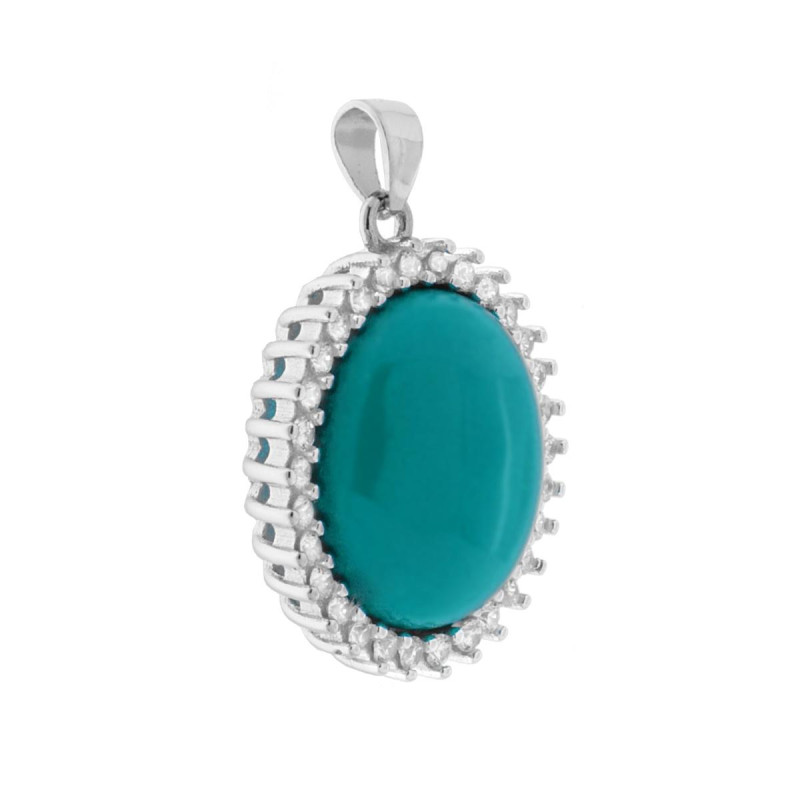CIONDOLO OVALE TURCHESE CONTORNATO DA CUBIC ZIRCONIA BIANCHI IN ARGENTO 925 GALVANICA RODIO