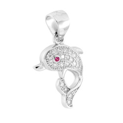 CIONDOLO DELFINO CON CUBIC ZIRCONIA BIANCHI E OCCHIO RUBINO IN ARGENTO 925 GALVANICA RODIO