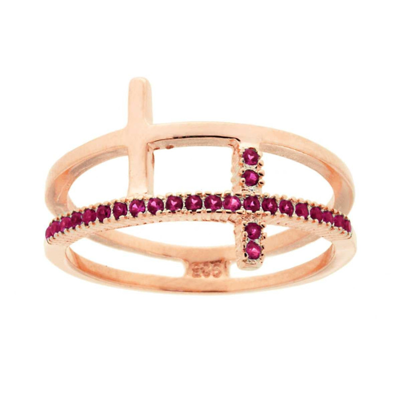 ANELLO DOPPIO FILO MODELLO VERETTA CON ZIRCONI ROSSO RUBINO E CROCE IN ARGENTO 925 GALVANICA ROSA