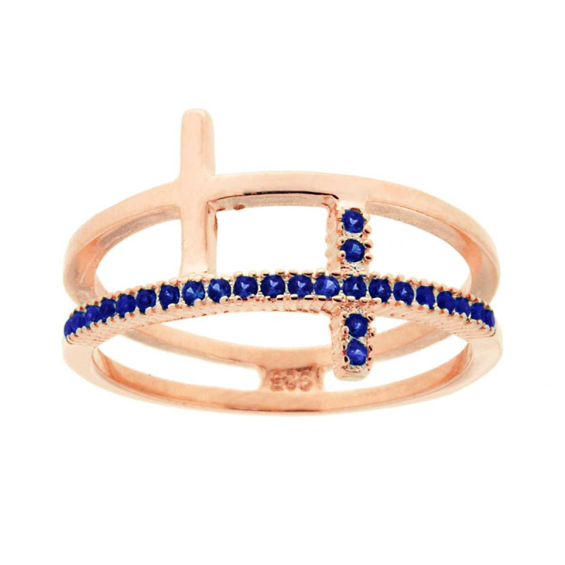 ANELLO DOPPIO FILO MODELLO VERETTA CON ZIRCONI BLU ZAFFIRO E CROCE IN ARGENTO 925 GALVANICA ROSA