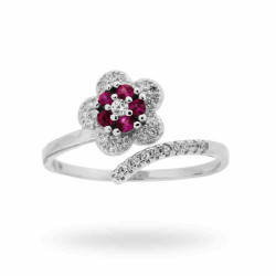 ANELLO CONTRARIE FIORE CON ZIRCONI ROSSO RUBINO E BIANCHI IN ARGENTO 925 RODIATO