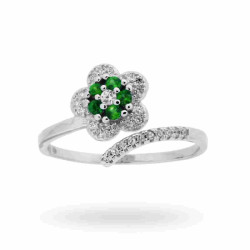 ANELLO CONTRARIE FIORE CON ZIRCONI VERDE SMERALDO E BIANCHI IN ARGENTO 925 RODIATO