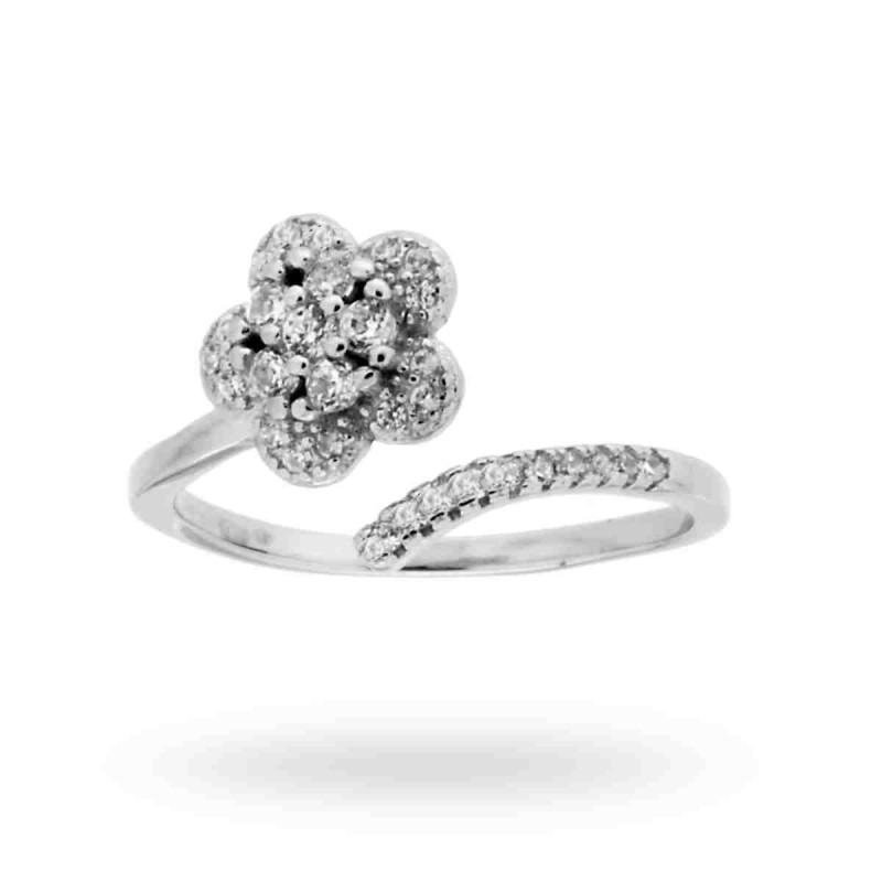 ANELLO CONTRARIE FIORE CON ZIRCONI BIANCHI IN ARGENTO 925 RODIATO