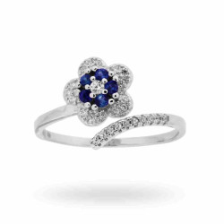 ANELLO CONTRARIE FIORE CON ZIRCONI BLU ZAFFIRO E BIANCHI IN ARGENTO 925 RODIATO
