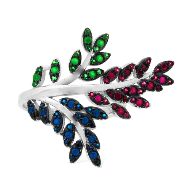 ANELLO RAMO CON FOGLIE CUBIC ZIRCONIA SMERALDO RUBINO E ZAFFIRO SU BASE RUTENIO IN ARGENTO 925 GALVANICA RODIO