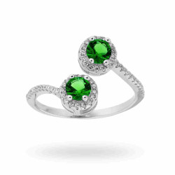 ANELLO CONTRARIE CON ZIRCONI VERDE SMERALDO E BIANCHI IN ARGENTO 925 RODIATO