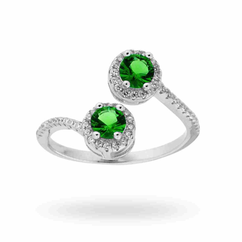 ANELLO CONTRARIE CON ZIRCONI VERDE SMERALDO E BIANCHI IN ARGENTO 925 RODIATO