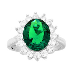 ANELLO HALO SOLITARIO CON ZIRCONE OVALE VERDE SMERALDO CONTORNATO CON ZIRCONI BIANCHI IN ARGENTO 925 GALVANICA RODIO