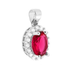 CIONDOLO CON ZIRCONE OVALE ROSSO RUBINO CONTORNATO CON ZIRCONI BIANCHI IN ARGENTO 925 GALVANICA RODIO