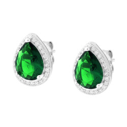 ORECCHINI GOCCIA CON ZIRCONE VERDE SMERALDO CONTORNATO CON ZIRCONI BIANCHI IN ARGENTO 925 GALVANICA RODIO