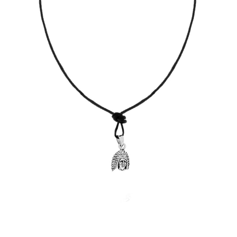 COLLANA CON CIONDOLO TESTA DI INDIANO IN ARGENTO 925 E LACCIO IN COTONE