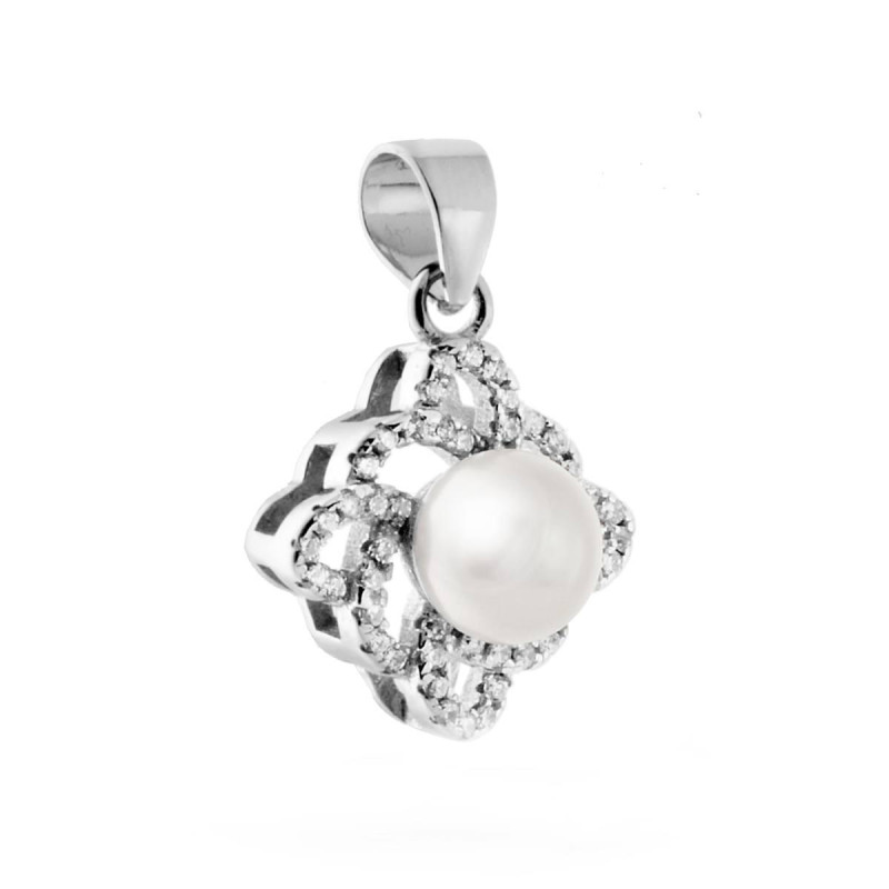 CIONDOLO GEOMETRICO CON PERLA DI FIUME E ZIRCONI BIANCHI IN ARGENTO 925 GALVANICA RODIO