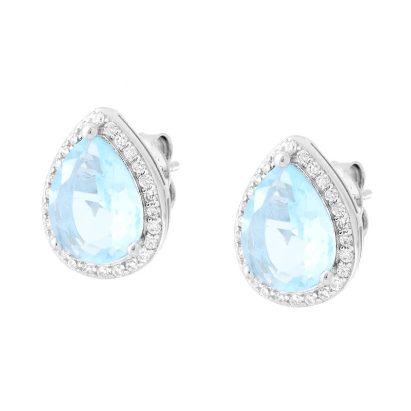 ORECCHINI GOCCIA CON ZIRCONE ACQUAMARINA CONTORNATO CON ZIRCONI BIANCHI IN ARGENTO 925 GALVANICA RODIO