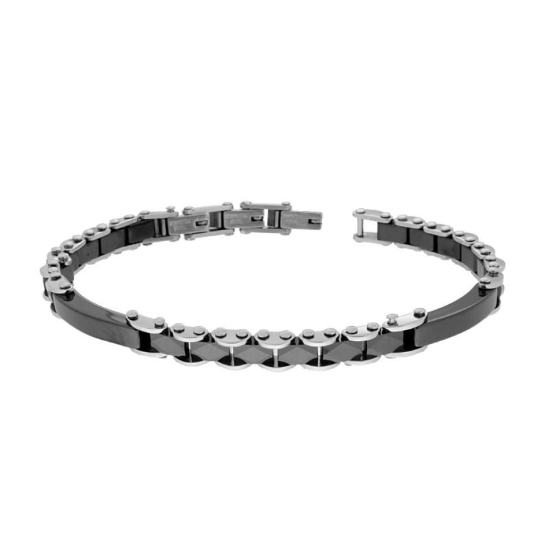 BRACCIALE UOMO MAGLIA IMPERNIATA CON CERAMICA COLORE NERO IN ACCIAIO