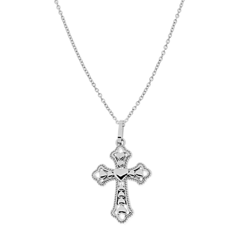 COLLANA CATENA FORZATINA CON CROCE PENDENTE CON CUORI IN ACCIAIO