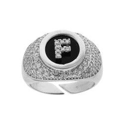 ANELLO FASCIONE ZIRCONI BIANCHI CON LETTERA ZIRCONI BIANCHI SU FONDO NERO IN ARGENTO 925 GALVANICA RODIO