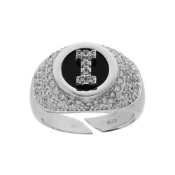 ANELLO FASCIONE ZIRCONI BIANCHI CON LETTERA ZIRCONI BIANCHI SU FONDO NERO IN ARGENTO 925 GALVANICA RODIO