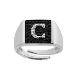 ANELLO CHEVALIER QUADRATO CON LETTERA INIZIALE CON ZIRCONI BIANCHI CON FONDO ZIRCONI NERI IN ARGENTO 925 GALVANICA RODIO