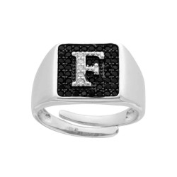 ANELLO CHEVALIER QUADRATO CON LETTERA INIZIALE CON ZIRCONI BIANCHI CON FONDO ZIRCONI NERI IN ARGENTO 925 GALVANICA RODIO