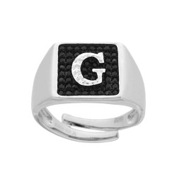 ANELLO CHEVALIER QUADRATO CON LETTERA INIZIALE CON ZIRCONI BIANCHI CON FONDO ZIRCONI NERI IN ARGENTO 925 GALVANICA RODIO