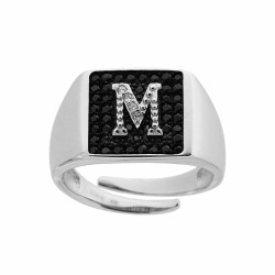 ANELLO CHEVALIER QUADRATO CON LETTERA INIZIALE CON ZIRCONI BIANCHI CON FONDO ZIRCONI NERI IN ARGENTO 925 GALVANICA RODIO