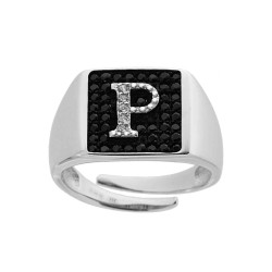 ANELLO CHEVALIER QUADRATO CON LETTERA INIZIALE CON ZIRCONI BIANCHI CON FONDO ZIRCONI NERI IN ARGENTO 925 GALVANICA RODIO