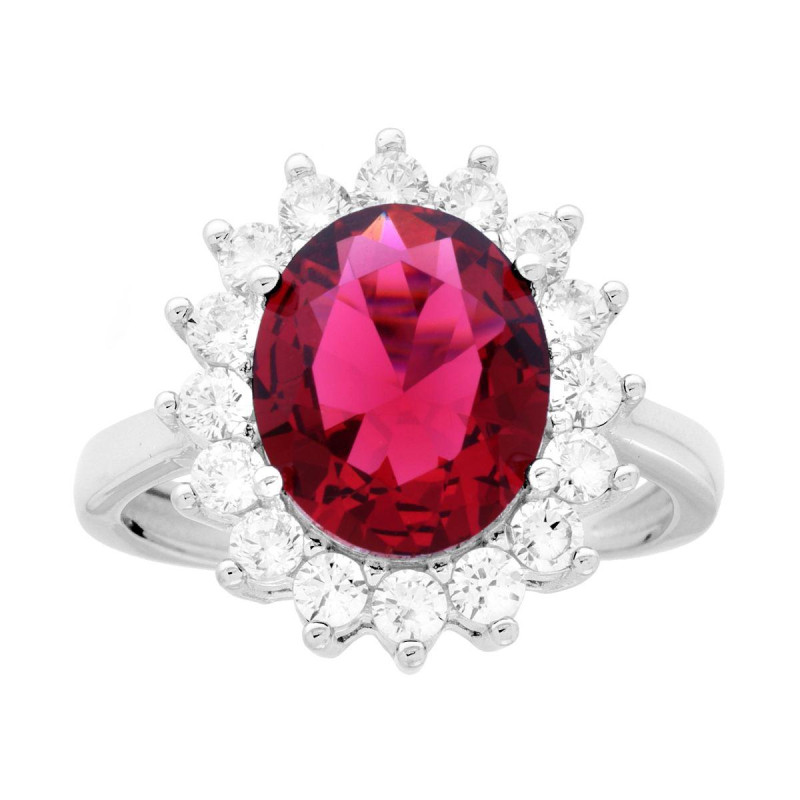 ANELLO HALO SOLITARIO CON ZIRCONE OVALE ROSSO RUBINO CONTORNATO CON ZIRCONI BIANCHI IN ARGENTO 925 GALVANICA RODIO