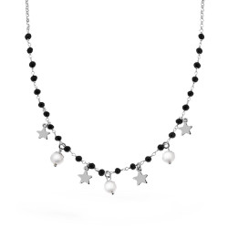 COLLANA CATENA ROLO E CRYSTAL NERO CON PERLE E STELLE PLAIN PENDENTI IN ARGENTO 925 GALVANICA RODIO