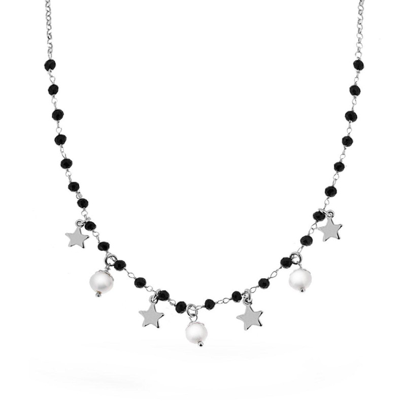 COLLANA CATENA ROLO E CRYSTAL NERO CON PERLE E STELLE PLAIN PENDENTI IN ARGENTO 925 GALVANICA RODIO