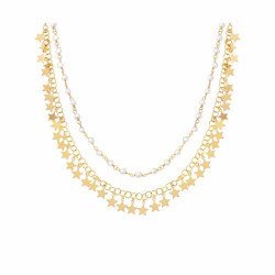 COLLANA DUE FILI PERLE E CATENA CON STELLE PLAIN PENDENTI IN ARGENTO 925 GALVANICA ORO