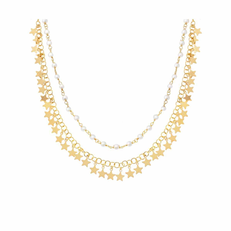 COLLANA DUE FILI PERLE E CATENA CON STELLE PLAIN PENDENTI IN ARGENTO 925 GALVANICA ORO