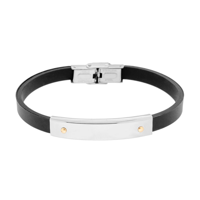 BRACCIALE UOMO IN PVC CAUCCIU NERO CON TARGA CON PUNTI COLORE ORO IN ACCIAIO