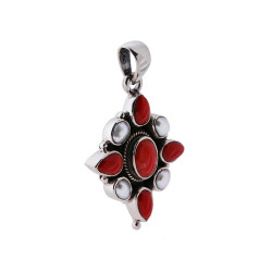 CIONDOLO ETNICO STELLA POLARE PERLE E PIETRE CORALLO IN ARGENTO 925