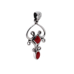 CIONDOLO ETNICO FIORITO CON PIETRE CORALLO IN ARGENTO 925