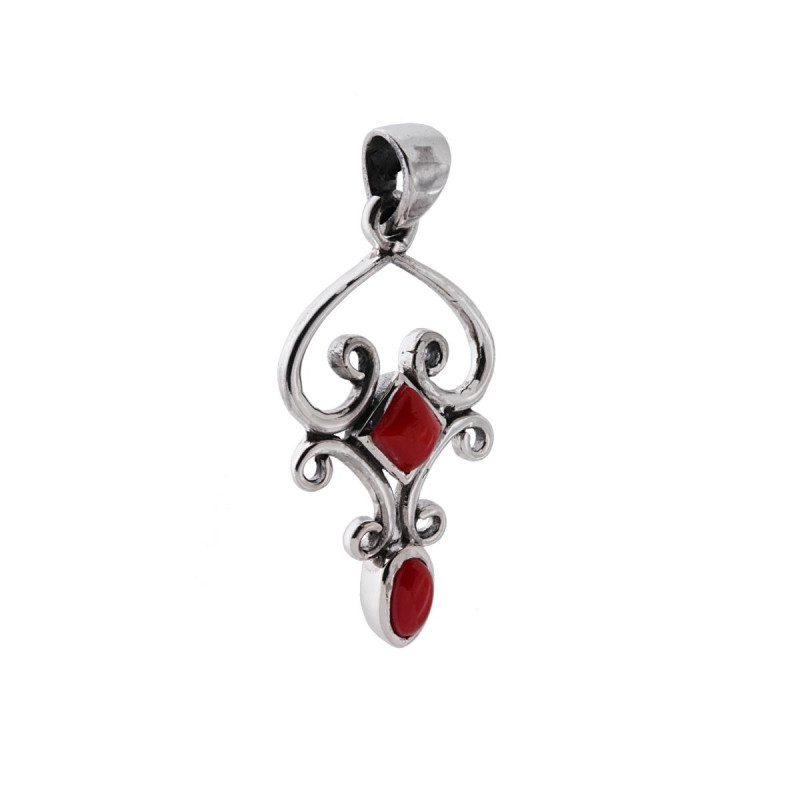CIONDOLO ETNICO FIORITO CON PIETRE CORALLO IN ARGENTO 925