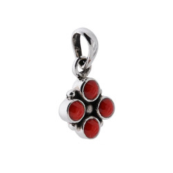 CIONDOLO ETNICO QUADRIFOGLIO CON PIETRA CORALLO IN ARGENTO 925