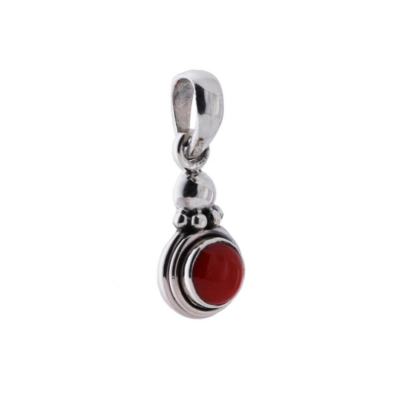 CIONDOLO ETNICO TONDO CON PIETRA CORALLO IN ARGENTO 925