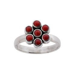 ANELLO ETNICO FIORE CON PIETRE CORALLO TONDE IN ARGENTO 925