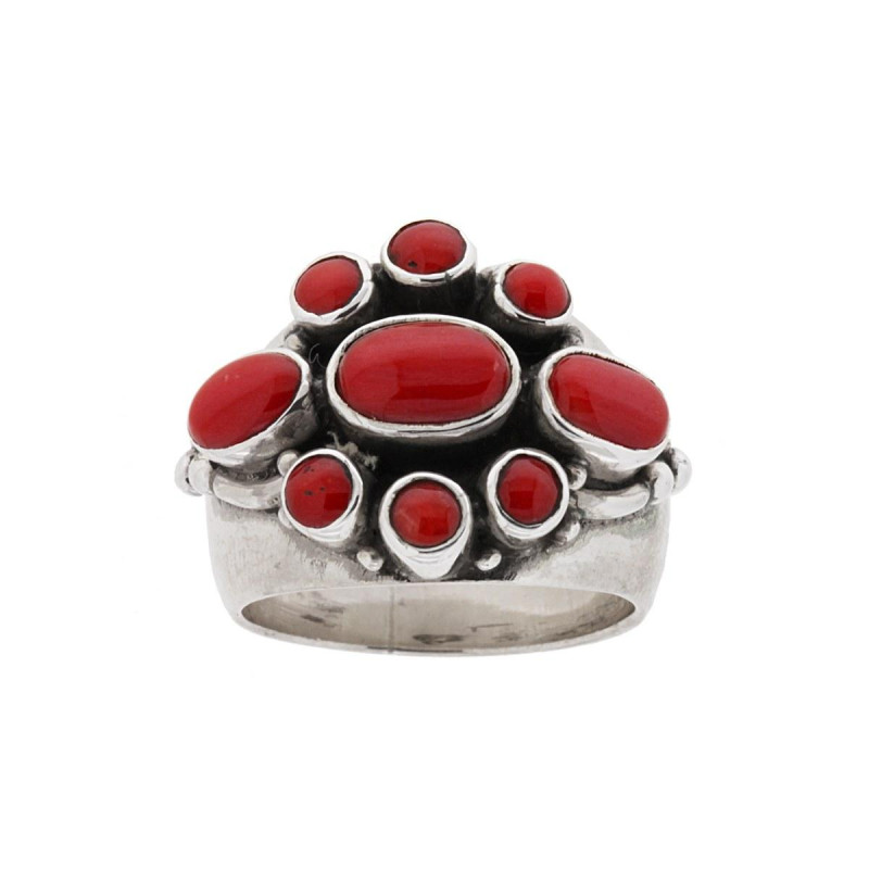 ANELLO ETNICO FASCIA CON PIETRE CORALLO IN ARGENTO 925