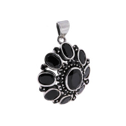 CIONDOLO ETNICO FIORE OVALE CON PIETRE NATURALI ONICE IN ARGENTO 925