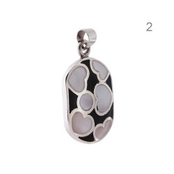 CIONDOLO OVALE CON CUORI MADREPERLA ROSA BIANCO E MULTICOLOR E SMALTO NERO IN ARGENTO 925