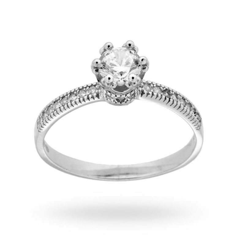 ANELLO SOLITARIO PRINCIPESCO CON CORONA A GRIFFE CON ZIRCONE BIANCO MM 5 IN ARGENTO 925 RODIATO